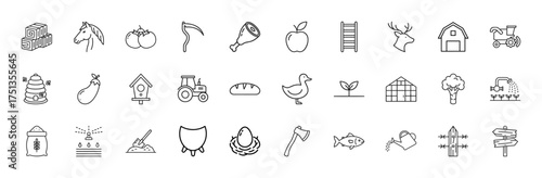Agriculture line icon set. Vector pictograms of hay, horse, tomatoes, scythe, apple, barn, beehive, tractor, duck, seedling, watering can, and fence, thin linear illustration.