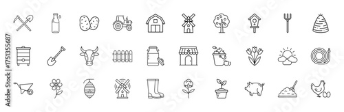 Farming line icon set. Vector pictograms of tractor, barn, milk, potatoes, shovel, tree, beehive, pig, chicken, hose, and wheelbarrow, thin linear illustration.