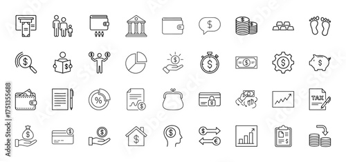 Finance line icon set. Vector pictograms of ATM, wallet, bank, coins, gold, charts, taxes, payment, credit card, house, exchange, piggy bank, thin linear illustration.