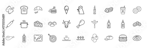 Food and cooking line icon set. Vector pictograms of chicken, toast, croissant, burger, ice cream, pot, cheese, cow, sausage, ketchup, bread, egg, thin linear illustration.
