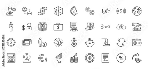 Finance line icon set. Vector pictograms of businessman, money, contract, growth, wallet, credit cards, savings, calculator, currency, and global economy, thin linear illustration.