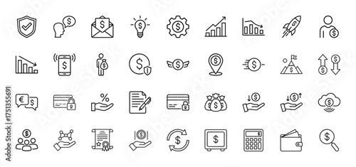 Finance line icon set. Vector depicting security, investment, growth, payment, budget, and analytics, thin linear illustration.