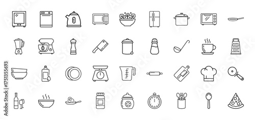 Kitchen line icon set. Vector pictograms of oven, kettle, microwave, blender, refrigerator, pots, pans, chef hat, and kitchen utensils, thin linear illustration.