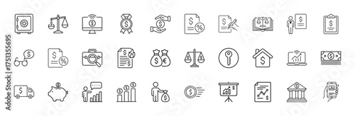 Finance and business line icon set. Vector pictograms of safe, scales, money bags, documents, house, bank, piggy bank, charts, laptop, and delivery truck, thin linear illustration.