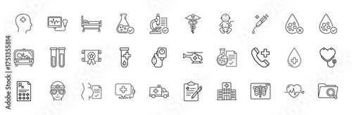 Medical line icon set. Vector pictograms of head, ultrasound, hospital bed, test tube, microscope, caduceus, baby, syringe, stethoscope, ambulance, x-ray, heartbeat, folder, thin linear illustration.