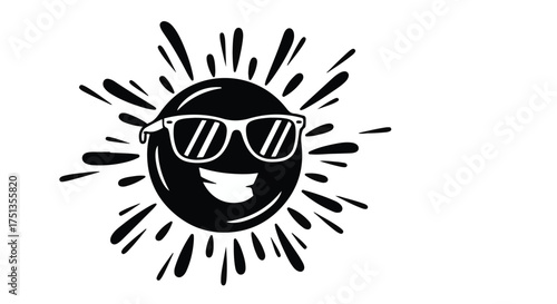 Cool smiling sun wearing sunglasses, radiating warmth and joy on a bright day.