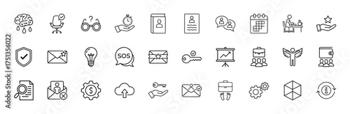 Business and management line icon set. Vector pictograms of brain, office chair, stopwatch, ID card, calendar, shield, lightbulb, briefcase, wallet, gears, thin linear illustration.