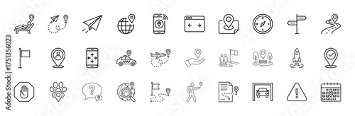 Location and navigation line icon set. Vector pictograms of map pins, compass, airplane, road, smartphone, taxi, globe, flag, park, calendar, warning, thin linear illustration.