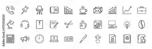 Business office supplies line icon set. Vector pictograms of phone, chair, chart, coffee, email, computer, calendar, laptop, thin linear illustration.