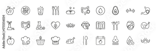 Nutrition and wellness line icon set. Vector pictograms of apple, avocado, stomach, intestines, dumbbell, flask, chef, cutlery, water, pills, and recipe book, thin linear illustration.