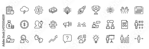 Business and startup line icon set. Vector pictograms of clipboard, money, rocket, trophy, brainstorm, megaphone, growth, and team collaboration, thin linear illustration.