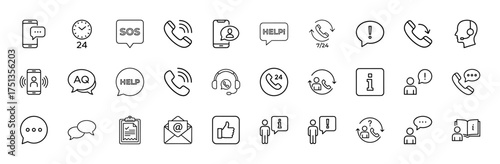 Customer support line icon set. Vector pictograms of phone, headset, chat, message, email, information, help, callback, clock, feedback, thin linear illustration.