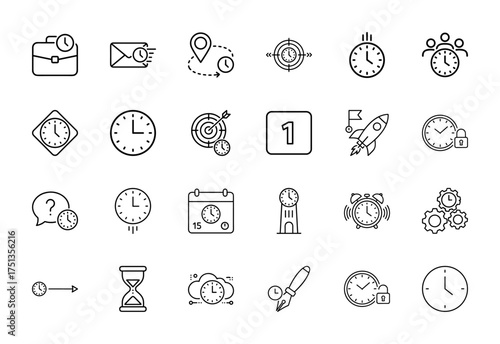 Time management line icon set. Vector pictograms of briefcase, email, location, target, clock tower, hourglass, rocket, calendar, alarm, thin linear illustration.