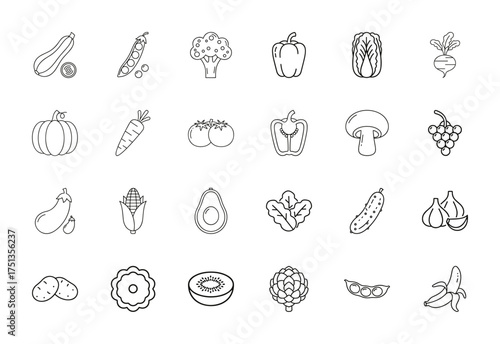 Vegetables and fruits line icon set. Vector pictograms of zucchini, peas, broccoli, bell pepper, pumpkin, carrot, avocado, mushroom, cucumber, banana, garlic, artichoke, thin linear illustration.