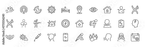 Medical and illness line icon set. Vector pictograms of virus, mask, vaccine, patient, fever, headache, pain, immunity, disinfection, and social distancing, thin linear illustration.