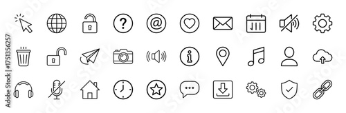 Digital interface line icon set. Vector pictograms of cursor, globe, lock, mail, settings, trash, camera, user, cloud, house, and chat, minimal linear illustration.