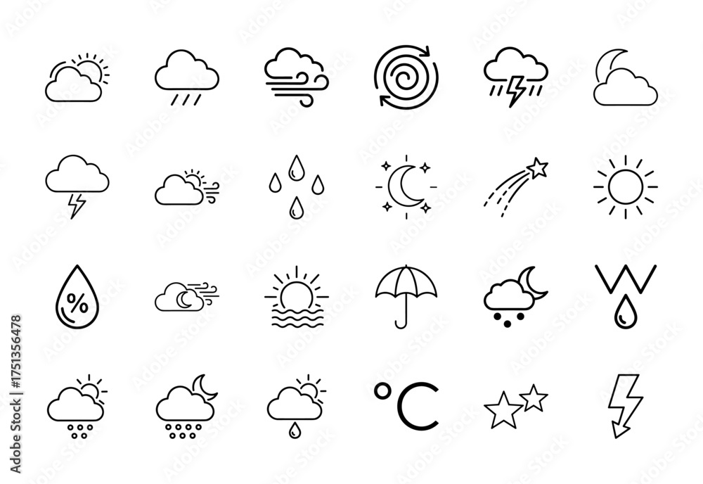 Obraz premium Weather line icon set. Vector pictograms of sun, clouds, rain, lightning, wind, moon, stars, humidity, temperature, umbrella, thin linear illustration.