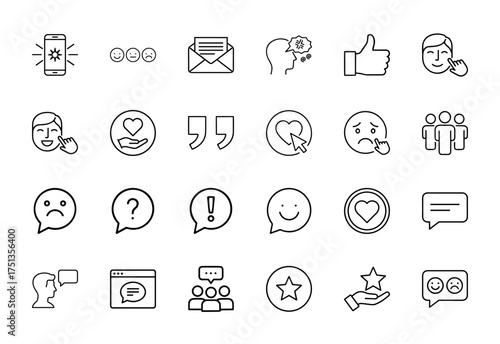 Feedback and communication line icon set. Vector pictograms of smartphone, emoticons, email, thought, thumbs up, chat, people, and rating, thin linear illustration.
