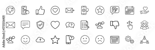 User interface line icon set. Vector pictograms of feedback, communication, security, social network, and rating elements, thin linear illustration.