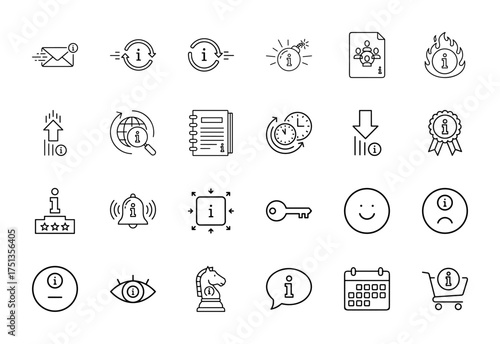 Information and alerts line icon set. Vector pictograms of mail, bomb, document, globe, notebook, time, bell, key, calendar, and cart, thin linear illustration.