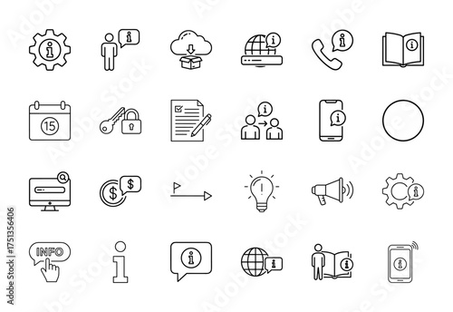 Information and support line icon set. Vector pictograms of settings, user help, cloud, globe, phone, book, calendar, security, document, thin linear illustration.
