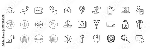 Information and help line icon set. Vector pictograms of cloud, route, briefcase, pointer, home, idea, support, smartphone, laptop, document, book, shield, search, chat, thin linear illustration.
