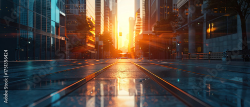 Wet urban street with storm drain system and glowing city lights reflecting on wet pavement at night