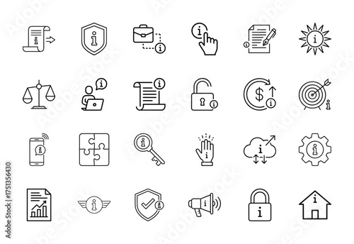Information service line icon set. Vector pictograms of shield, document, padlock, briefcase, scales, smartphone, target, cloud, gear, key, megaphone, thin linear illustration.