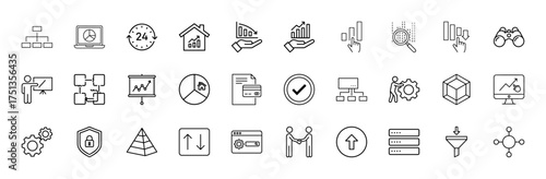 Business and data analytics line icon set. Vector pictograms of organizational charts, real estate growth, financial trends, security shields, and server databases, thin linear illustration.