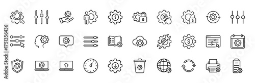 System and settings line icon set. Vector pictograms of gears, sliders, magnifiers, locks, clouds, laptops, calendars, tools, and printers, thin linear illustration.
