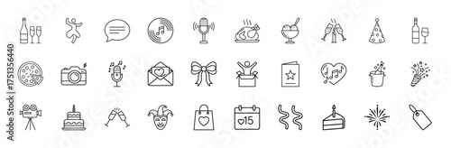 Celebrations line icon set. Vector pictograms of champagne, dancing, microphone, turkey, ice cream, party hat, pizza, camera, cake, fireworks, bow, invitation, thin linear illustration.