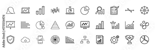 Business analytics line icon set. Vector pictograms of charts, graphs, data visualization, reports, network connections, and metrics, thin linear illustration.