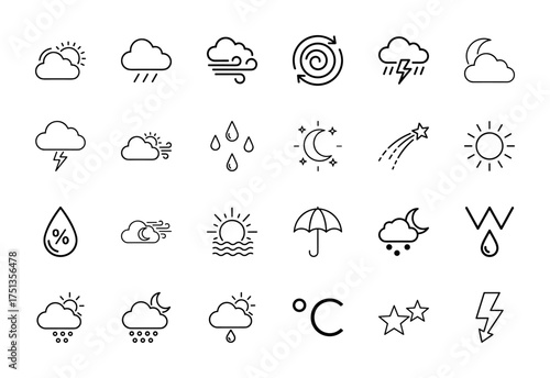 Weather line icon set. Vector pictograms of sun, clouds, rain, lightning, wind, moon, stars, humidity, temperature, umbrella, thin linear illustration.