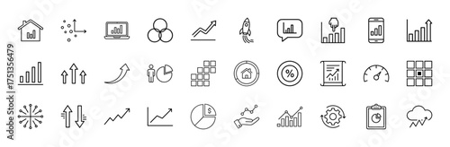 Business and data analytics line icon set. Vector pictograms of charts, graphs, arrows, laptop, smartphone, house, rocket, and financial reports, thin linear illustration.