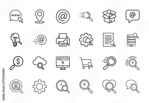 Search and discovery business icon set. Vector pictograms of magnifier, location, email, data, finance, cloud, shopping, and security, thin linear illustration.