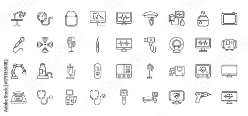 Medical line icon set. Vector pictograms of surgical lamp, blood pressure monitor, MRI machine, stethoscope, IV drip, medical scales, dental monitor, and ECG displays, thin linear illustration.