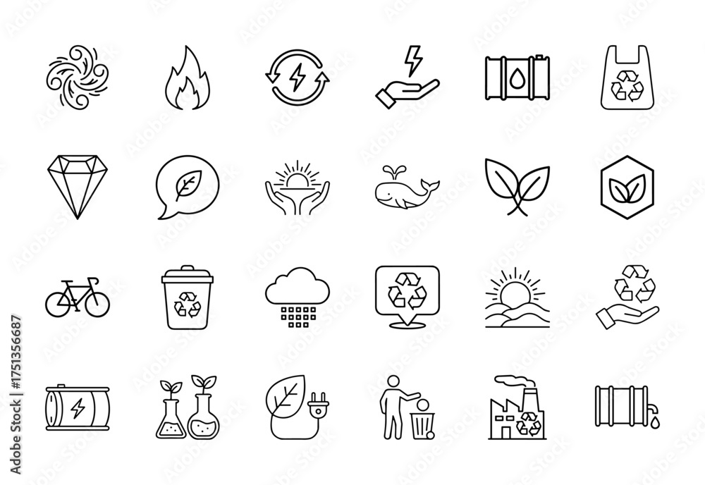 Fototapeta premium Environment line icon set. Vector pictograms of wind, flame, energy, barrels, recycle bags, diamond, leaf, sun, whale, bicycle, bin, cloud, factory, thin linear illustration.