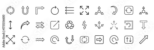 User interface line icon set. Vector pictograms of refresh, undo, expand, collapse, share, recycle, distribute, rotate, scroll, zigzag, move, thin linear illustration.