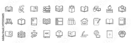 Education and learning line icon set. Vector pictograms of open books, reading person, bookshelf, stacked books, digital literacy, and knowledge, thin linear illustration.