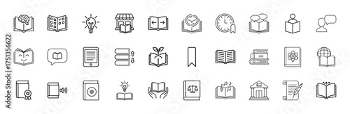 Education line icon set. Vector pictograms of brain, lightbulb, bookstore, e-reader, book stack, plant, bookmark, globe, justice scales, library, and scroll, thin linear illustration.