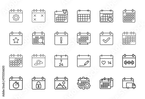 Calendar line icon set. Vector pictograms of dates, settings, reminders, appointments, events, search, notes, and locations, thin linear illustration.
