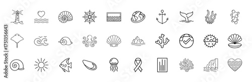 Marine line icon set. Vector pictograms of lighthouse, anchor, whale, octopus, jellyfish, shells, fish, corals, waves, globe, sun, stingray, iceberg, thin linear illustration.