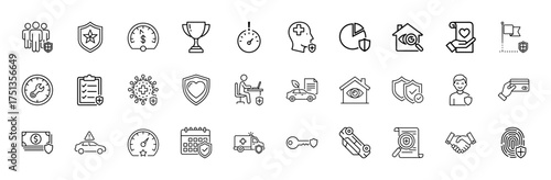 Insurance and security line icon set. Vector pictograms of protected people, financial assets, health, property, vehicles, data, and agreements, thin linear illustration.