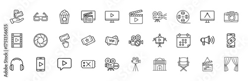 Cinema entertainment line icon set. Vector pictograms of tickets, 3D glasses, popcorn, clapboard, camera, film reel, director's chair, and curtains, thin linear illustration.
