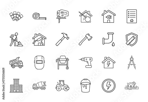 Building and construction line icon set. Vector pictograms of color palette, measuring tape, jigsaw, hammer, axe, drill, cement mixer, dump truck, circular saw, thin linear illustration.