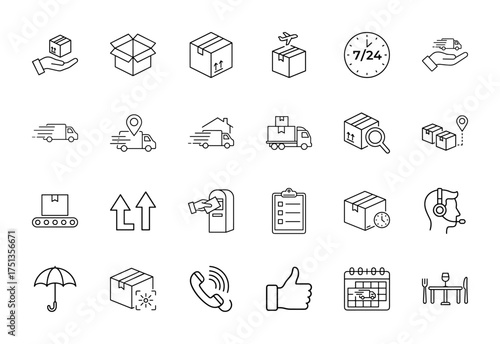 Delivery and logistics line icon set. Vector pictograms of packages, trucks, airplane delivery, 24/7 support, and shipping services, thin linear illustration.