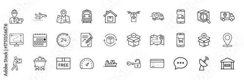 Logistics and delivery line icon set. Vector pictograms of worker, airplane, map, train, drone, truck, package, calendar, ship, and warehouse, thin linear illustration.