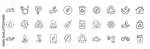Ecology and sustainability line icon set. Vector pictograms of electric car, charging, lightbulb, leaf, recycling, solar, water, and trees, thin linear illustration.