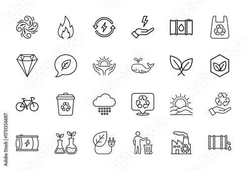 Environment line icon set. Vector pictograms of wind, flame, energy, barrels, recycle bags, diamond, leaf, sun, whale, bicycle, bin, cloud, factory, thin linear illustration.