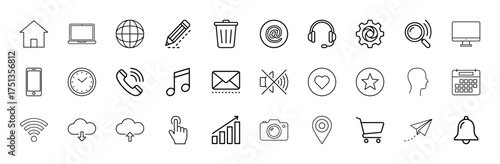 Web and communication line icon set. Vector pictograms of home, laptop, globe, email, phone, settings, search, calendar, shopping cart, camera, thin linear illustration.